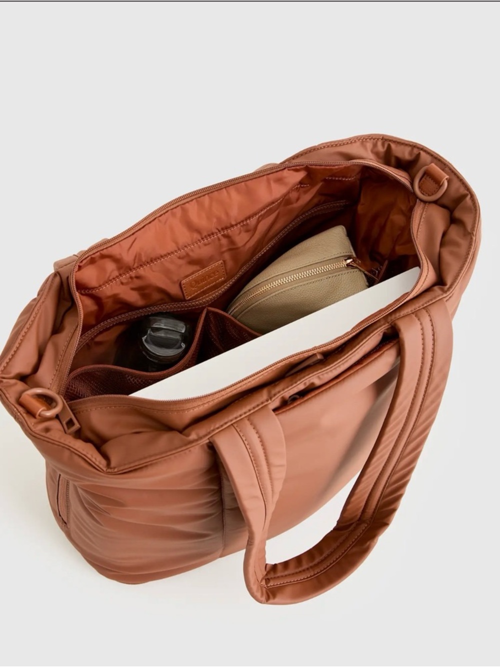 Quince Water Repellent Puff Expandable Tote with luggage sleeve in brown - Picture 7 of 8